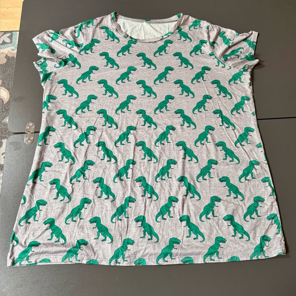 Gray T-Shirt Dress with Green Dinosaur Print